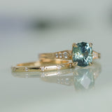 1.74ct Fancy Elongated Cushion Parti Teal Blue Montana Sapphire and Diamond Vintage Cathedral 4 Prong Solitaire in 14k Yellow