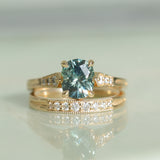 1.74ct Fancy Elongated Cushion Parti Teal Blue Montana Sapphire and Diamond Vintage Cathedral 4 Prong Solitaire in 14k Yellow