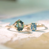 3.29ct Untreated Oval Parti Green Sapphire Low Profile 6 Prong Evergreen Carved Solitaire in 14k Yellow Gold