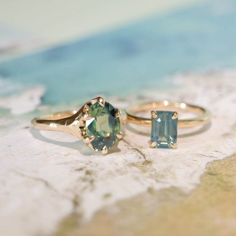 2.02ct Untreated Emerald Cut Opalescent Teal Sapphire 4 Prong Solitaire in 14k Yellow Gold