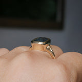 4.09ct Elongated Cushion Cut Teal Sapphire Low Profile Split Shank Bezel Ring in 14k Yellow Gold- Appraised Stone