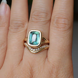 4.09ct Elongated Cushion Cut Teal Sapphire Low Profile Split Shank Bezel Ring in 14k Yellow Gold- Appraised Stone