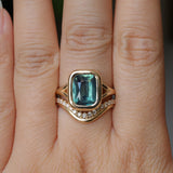 4.09ct Elongated Cushion Cut Teal Sapphire Low Profile Split Shank Bezel Ring in 14k Yellow Gold- Appraised Stone