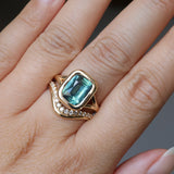 4.09ct Elongated Cushion Cut Teal Sapphire Low Profile Split Shank Bezel Ring in 14k Yellow Gold- Appraised Stone
