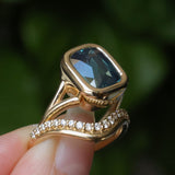 4.09ct Elongated Cushion Cut Teal Sapphire Low Profile Split Shank Bezel Ring in 14k Yellow Gold- Appraised Stone