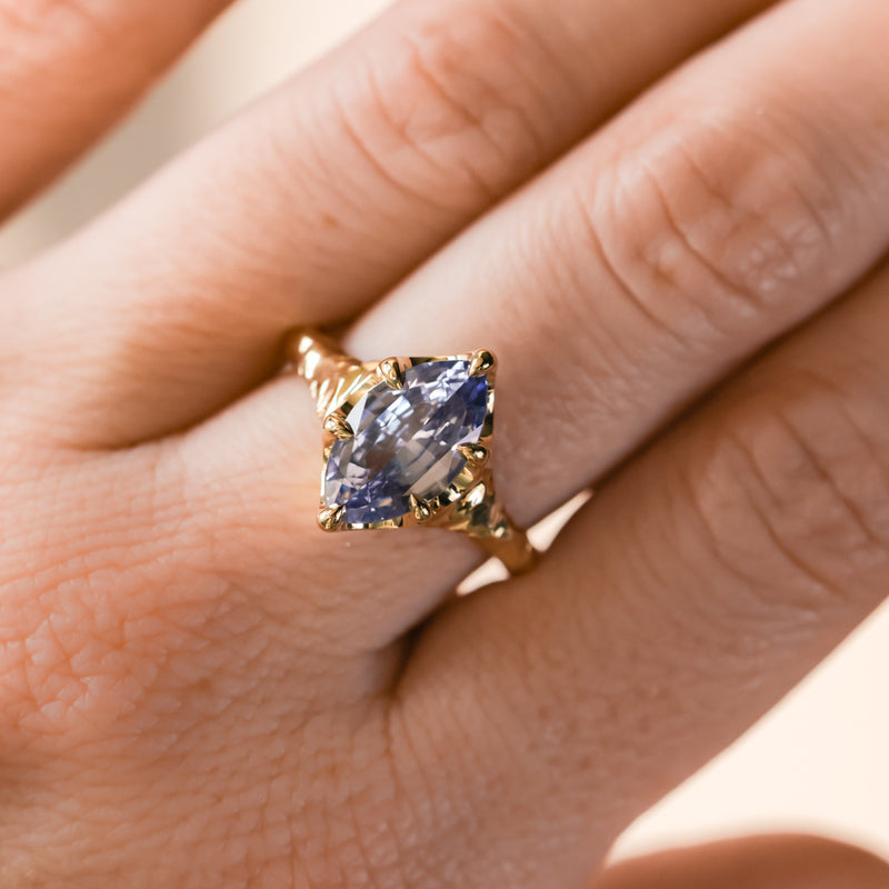 3.16ct Unheated Purple Madagascar Marquise Sapphire Evergreen Carved Low Profile 6 Prong Solitaire in 14k Yellow Gold