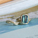 4.09ct Elongated Cushion Cut Teal Sapphire Low Profile Split Shank Bezel Ring in 14k Yellow Gold- Appraised Stone