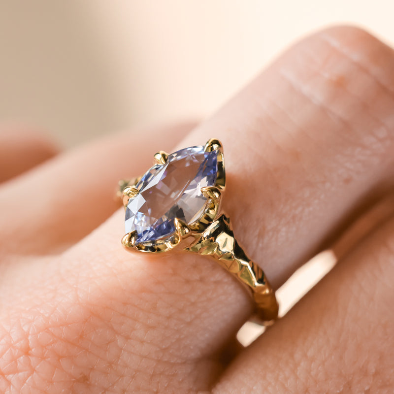 3.16ct Unheated Purple Madagascar Marquise Sapphire Evergreen Carved Low Profile 6 Prong Solitaire in 14k Yellow Gold