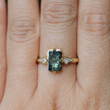 1.62ct Untreated Green Kenyan Fantasy Cut Radiant Sapphire and Kite Diamond Compass Set Three Stone Low Profile Ring in 18k Yellow Gold