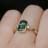 1.62ct Untreated Green Kenyan Fantasy Cut Radiant Sapphire and Kite Diamond Compass Set Three Stone Low Profile Ring in 18k Yellow Gold