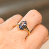 3.16ct Unheated Purple Madagascar Marquise Sapphire Evergreen Carved Low Profile 6 Prong Solitaire in 14k Yellow Gold
