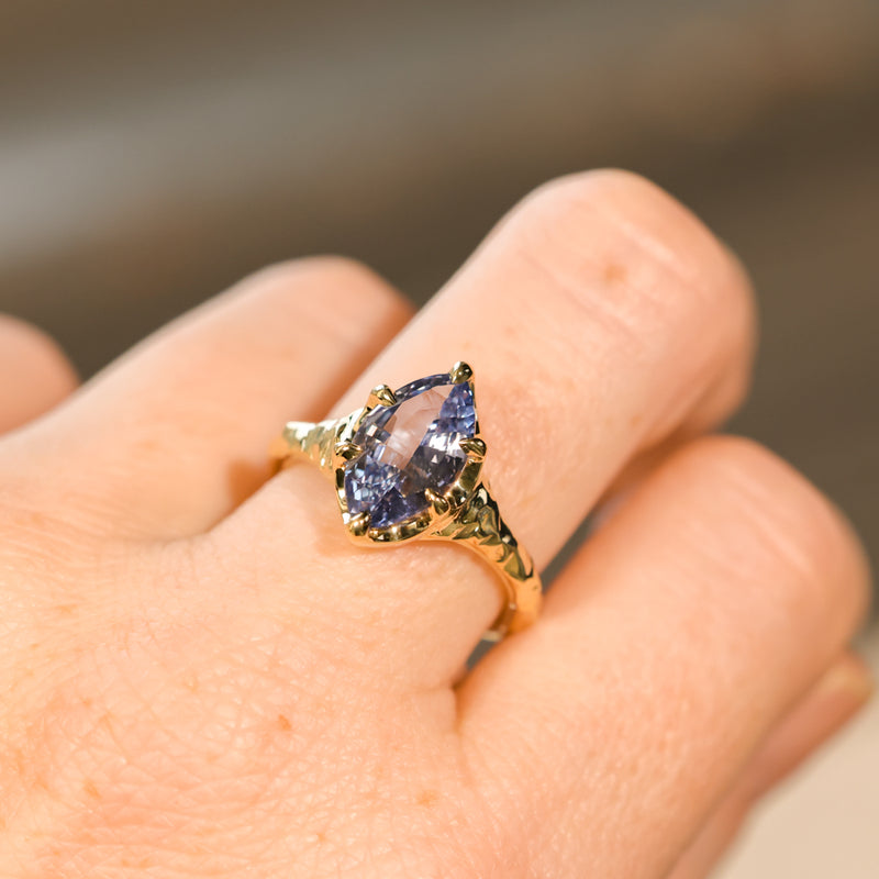 3.16ct Unheated Purple Madagascar Marquise Sapphire Evergreen Carved Low Profile 6 Prong Solitaire in 14k Yellow Gold