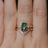 1.62ct Untreated Green Kenyan Fantasy Cut Radiant Sapphire and Kite Diamond Compass Set Three Stone Low Profile Ring in 18k Yellow Gold
