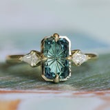 1.62ct Untreated Green Kenyan Fantasy Cut Radiant Sapphire and Kite Diamond Compass Set Three Stone Low Profile Ring in 18k Yellow Gold
