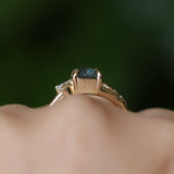 1.65ct Teal Blue Radiant Cut Madagascar Sapphire in Wandering Vine Low Profile 4 Prong Setting with Diamonds in 14k Yellow