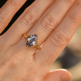 3.16ct Unheated Purple Madagascar Marquise Sapphire Evergreen Carved Low Profile 6 Prong Solitaire in 14k Yellow Gold