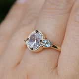 1.59ct Modern Old Mine Cut Oval GIA Diamond Three Stone Ring with Trillion Side Diamonds Compass Set Low Profile Milgrain Antique Ring in 14K Yellow Gold
