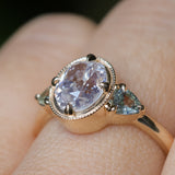 1.59ct Modern Old Mine Cut Oval GIA Diamond Three Stone Ring with Trillion Side Diamonds Compass Set Low Profile Milgrain Antique Ring in 14K Yellow Gold
