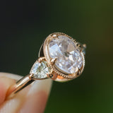 1.59ct Modern Old Mine Cut Oval GIA Diamond Three Stone Ring with Trillion Side Diamonds Compass Set Low Profile Milgrain Antique Ring in 14K Yellow Gold