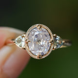 1.59ct Modern Old Mine Cut Oval GIA Diamond Three Stone Ring with Trillion Side Diamonds Compass Set Low Profile Milgrain Antique Ring in 14K Yellow Gold