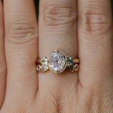 1.59ct Modern Old Mine Cut Oval GIA Diamond Three Stone Ring with Trillion Side Diamonds Compass Set Low Profile Milgrain Antique Ring in 14K Yellow Gold