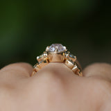 1.59ct Modern Old Mine Cut Oval GIA Diamond Three Stone Ring with Trillion Side Diamonds Compass Set Low Profile Milgrain Antique Ring in 14K Yellow Gold