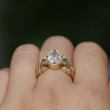 1.59ct Modern Old Mine Cut Oval GIA Diamond Three Stone Ring with Trillion Side Diamonds Compass Set Low Profile Milgrain Antique Ring in 14K Yellow Gold