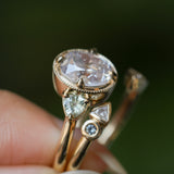 1.59ct Modern Old Mine Cut Oval GIA Diamond Three Stone Ring with Trillion Side Diamonds Compass Set Low Profile Milgrain Antique Ring in 14K Yellow Gold