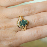 3.29ct Untreated Oval Parti Green Sapphire Low Profile 6 Prong Evergreen Carved Solitaire in 14k Yellow Gold