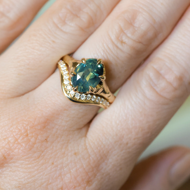 3.29ct Untreated Oval Parti Green Sapphire Low Profile 6 Prong Evergreen Carved Solitaire in 14k Yellow Gold