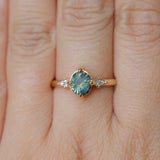1.23ct Untreated Opalescent Nigerian Teal Speciality Fantasy Cut Sapphire and Kite Diamond Three Stone Compass Set Low Profile Ring in 14k Yellow Gold