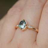 1.23ct Untreated Opalescent Nigerian Teal Speciality Fantasy Cut Sapphire and Kite Diamond Three Stone Compass Set Low Profile Ring in 14k Yellow Gold
