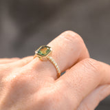 2.18ct Emerald Cut Parti Madagascar Sapphire Low Profile Bezel Solitaire Ring with Pavé Set Diamonds in 14k Green Gold