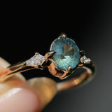 1.23ct Untreated Opalescent Nigerian Teal Speciality Fantasy Cut Sapphire and Kite Diamond Three Stone Compass Set Low Profile Ring in 14k Yellow Gold