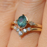 1.23ct Untreated Opalescent Nigerian Teal Speciality Fantasy Cut Sapphire and Kite Diamond Three Stone Compass Set Low Profile Ring in 14k Yellow Gold