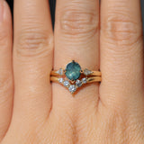 1.23ct Untreated Opalescent Nigerian Teal Speciality Fantasy Cut Sapphire and Kite Diamond Three Stone Compass Set Low Profile Ring in 14k Yellow Gold