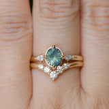 1.23ct Untreated Opalescent Nigerian Teal Speciality Fantasy Cut Sapphire and Kite Diamond Three Stone Compass Set Low Profile Ring in 14k Yellow Gold