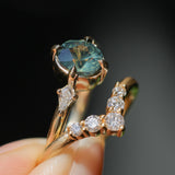 1.23ct Untreated Opalescent Nigerian Teal Speciality Fantasy Cut Sapphire and Kite Diamond Three Stone Compass Set Low Profile Ring in 14k Yellow Gold
