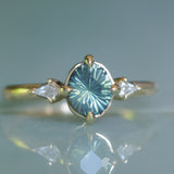 1.23ct Untreated Opalescent Nigerian Teal Speciality Fantasy Cut Sapphire and Kite Diamond Three Stone Compass Set Low Profile Ring in 14k Yellow Gold