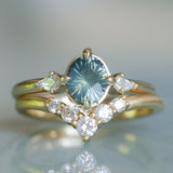 1.23ct Untreated Opalescent Nigerian Teal Speciality Fantasy Cut Sapphire and Kite Diamond Three Stone Compass Set Low Profile Ring in 14k Yellow Gold