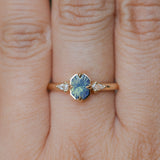 0.89ct Untreated Opalescent Seafoam Teal Speciality Fantasy Cut Sapphire and Kite Diamond Compass Set Three Stone Low Profile Ring in 14k Yellow Gold