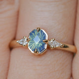 0.89ct Untreated Opalescent Seafoam Teal Speciality Fantasy Cut Sapphire and Kite Diamond Compass Set Three Stone Low Profile Ring in 14k Yellow Gold