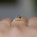 0.89ct Untreated Opalescent Seafoam Teal Speciality Fantasy Cut Sapphire and Kite Diamond Compass Set Three Stone Low Profile Ring in 14k Yellow Gold