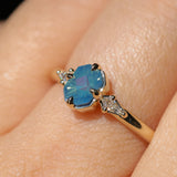 0.89ct Untreated Opalescent Seafoam Teal Speciality Fantasy Cut Sapphire and Kite Diamond Compass Set Three Stone Low Profile Ring in 14k Yellow Gold