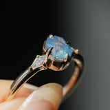 0.89ct Untreated Opalescent Seafoam Teal Speciality Fantasy Cut Sapphire and Kite Diamond Compass Set Three Stone Low Profile Ring in 14k Yellow Gold