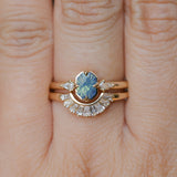 0.89ct Untreated Opalescent Seafoam Teal Speciality Fantasy Cut Sapphire and Kite Diamond Compass Set Three Stone Low Profile Ring in 14k Yellow Gold