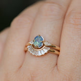 0.89ct Untreated Opalescent Seafoam Teal Speciality Fantasy Cut Sapphire and Kite Diamond Compass Set Three Stone Low Profile Ring in 14k Yellow Gold