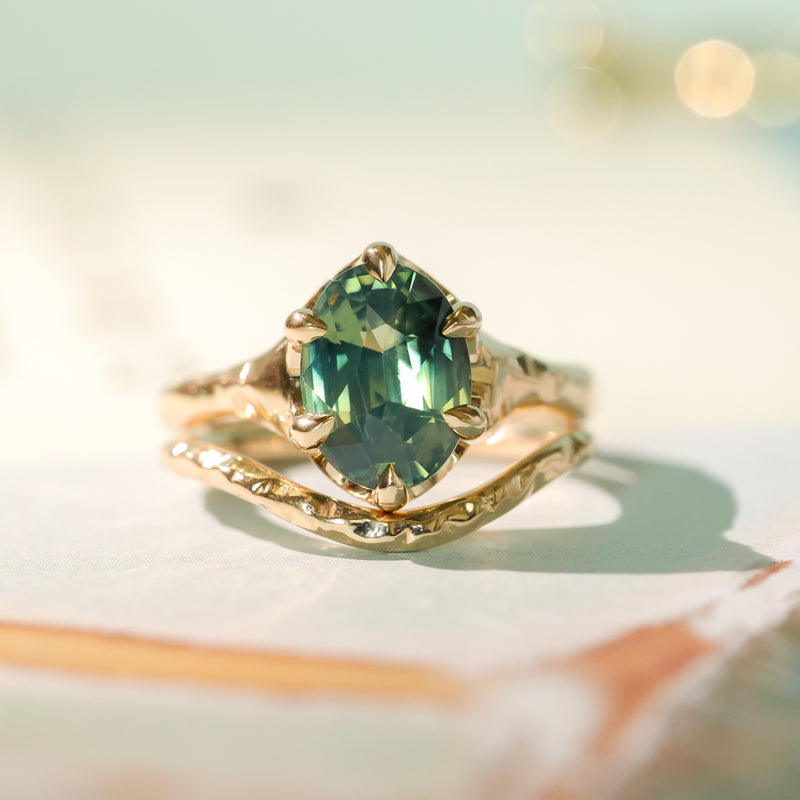 3.29ct Untreated Oval Parti Green Sapphire Low Profile 6 Prong Evergreen Carved Solitaire in 14k Yellow Gold