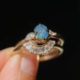 0.89ct Untreated Opalescent Seafoam Teal Speciality Fantasy Cut Sapphire and Kite Diamond Compass Set Three Stone Low Profile Ring in 14k Yellow Gold