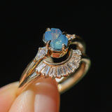 0.89ct Untreated Opalescent Seafoam Teal Speciality Fantasy Cut Sapphire and Kite Diamond Compass Set Three Stone Low Profile Ring in 14k Yellow Gold